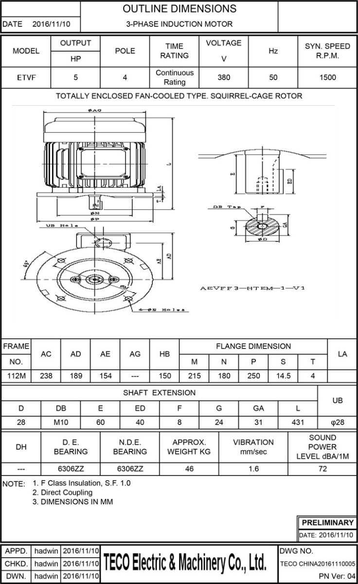 東元3.7KW 4P立式剎車電機(jī)尺寸圖