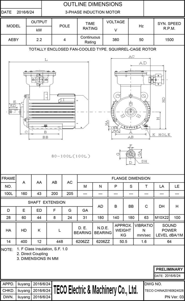 AEBY 2.2KW 4P 臥式防爆電機尺寸圖